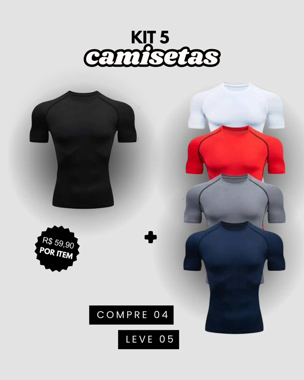 Kit 5 Camiseta de Compressão Esportiva Masculina ProFit [COMPRE 04 LEVE 05]