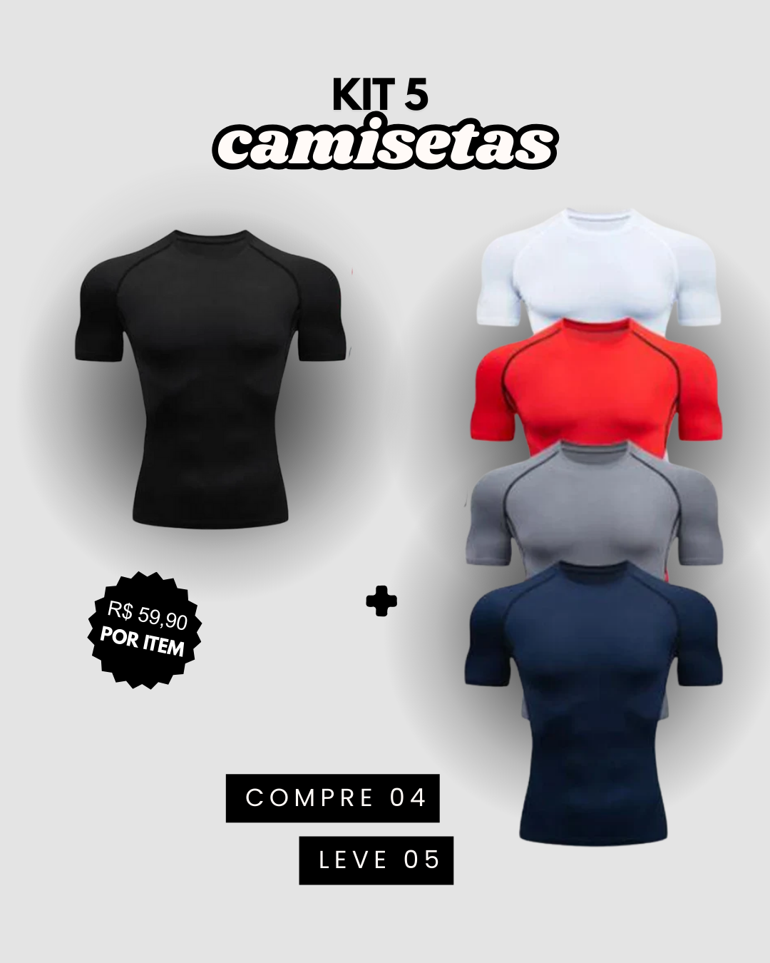Kit 5 Camiseta de Compressão Esportiva Masculina ProFit [COMPRE 04 LEVE 05]