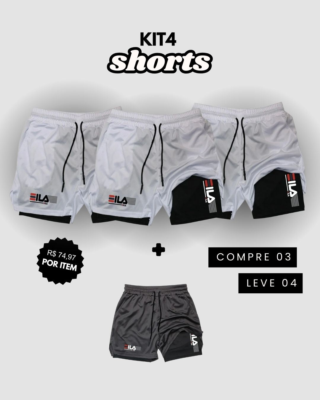Kit 4 Shorts de Compressão Interna ProFIT FILA [COMPRE 02 LEVE 04]