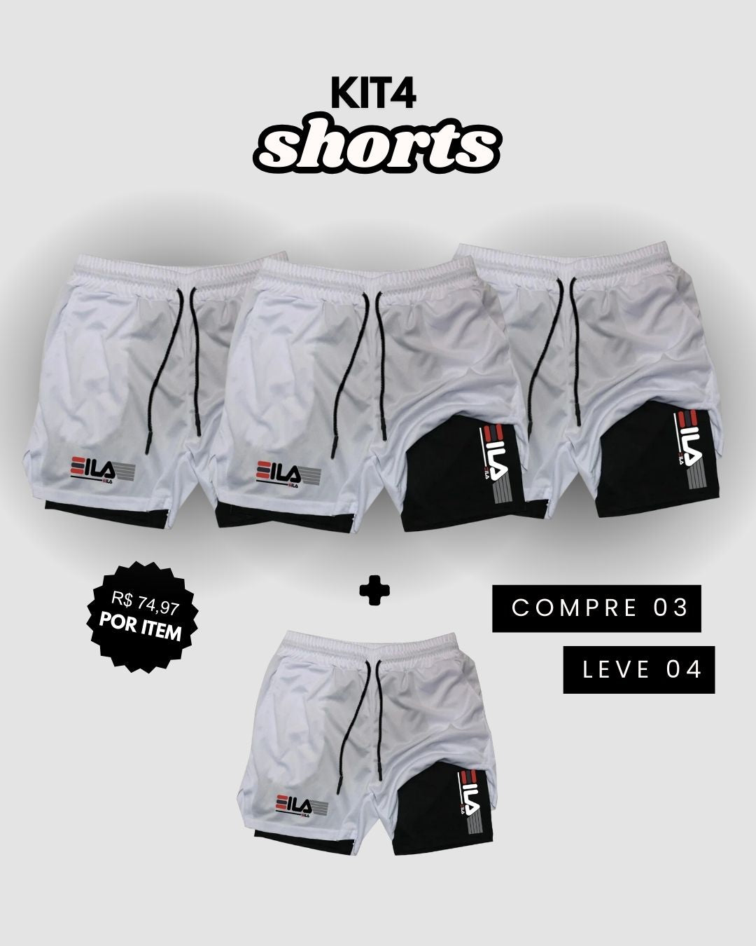 Kit 4 Shorts de Compressão Interna ProFIT FILA [COMPRE 02 LEVE 04]