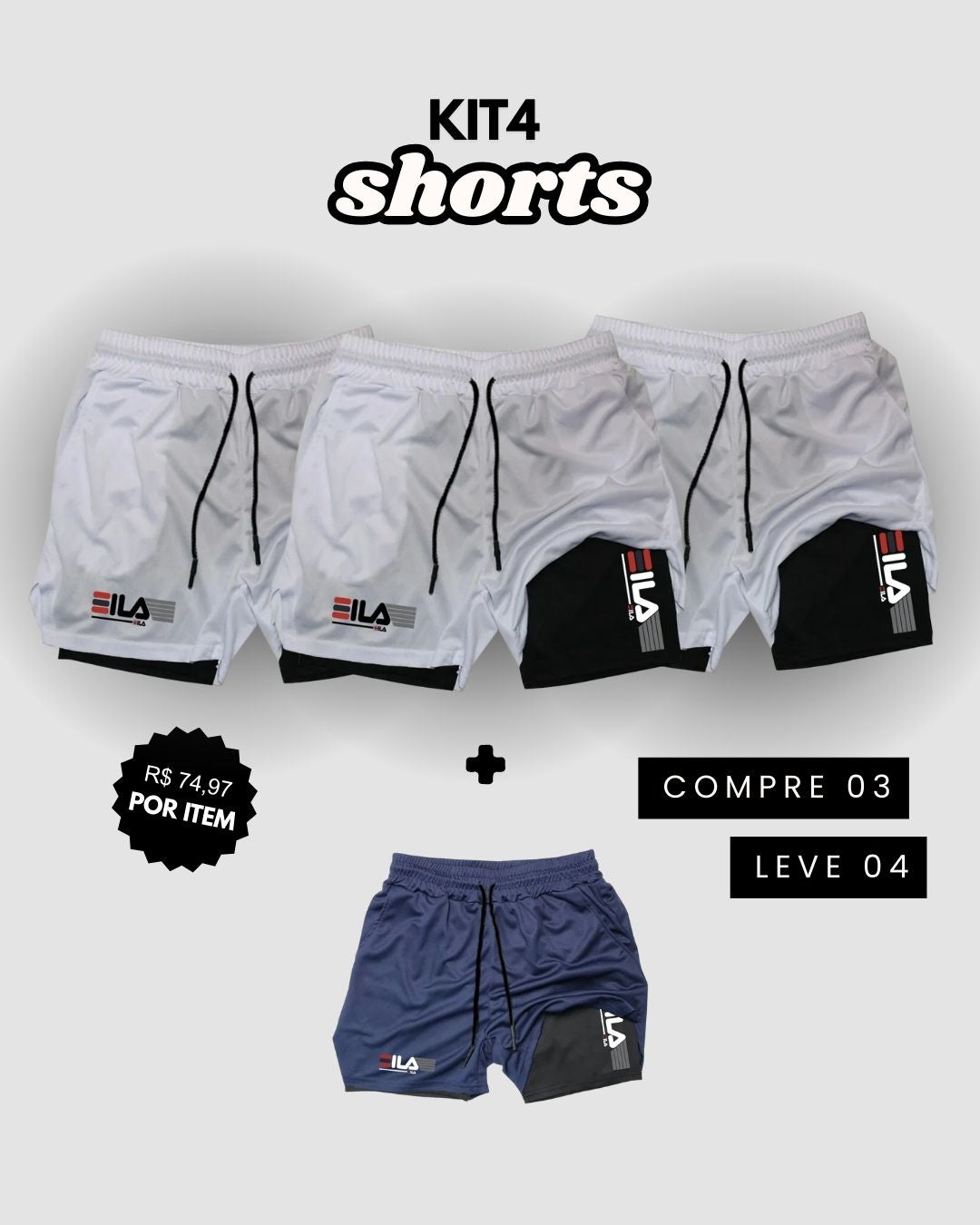Kit 4 Shorts de Compressão Interna ProFIT FILA [COMPRE 02 LEVE 04]