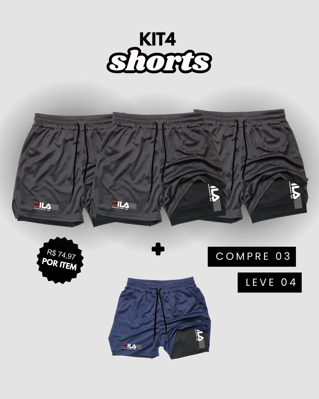 Kit 4 Shorts de Compressão Interna ProFIT FILA [COMPRE 02 LEVE 04]