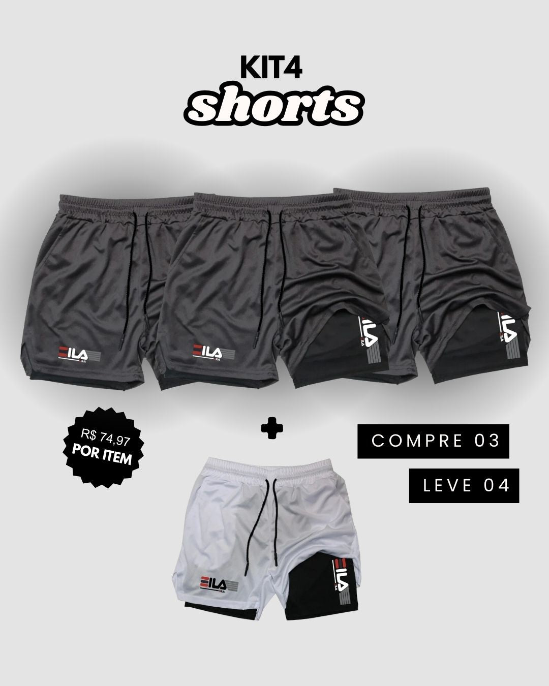 Kit 4 Shorts de Compressão Interna ProFIT FILA [COMPRE 02 LEVE 04]