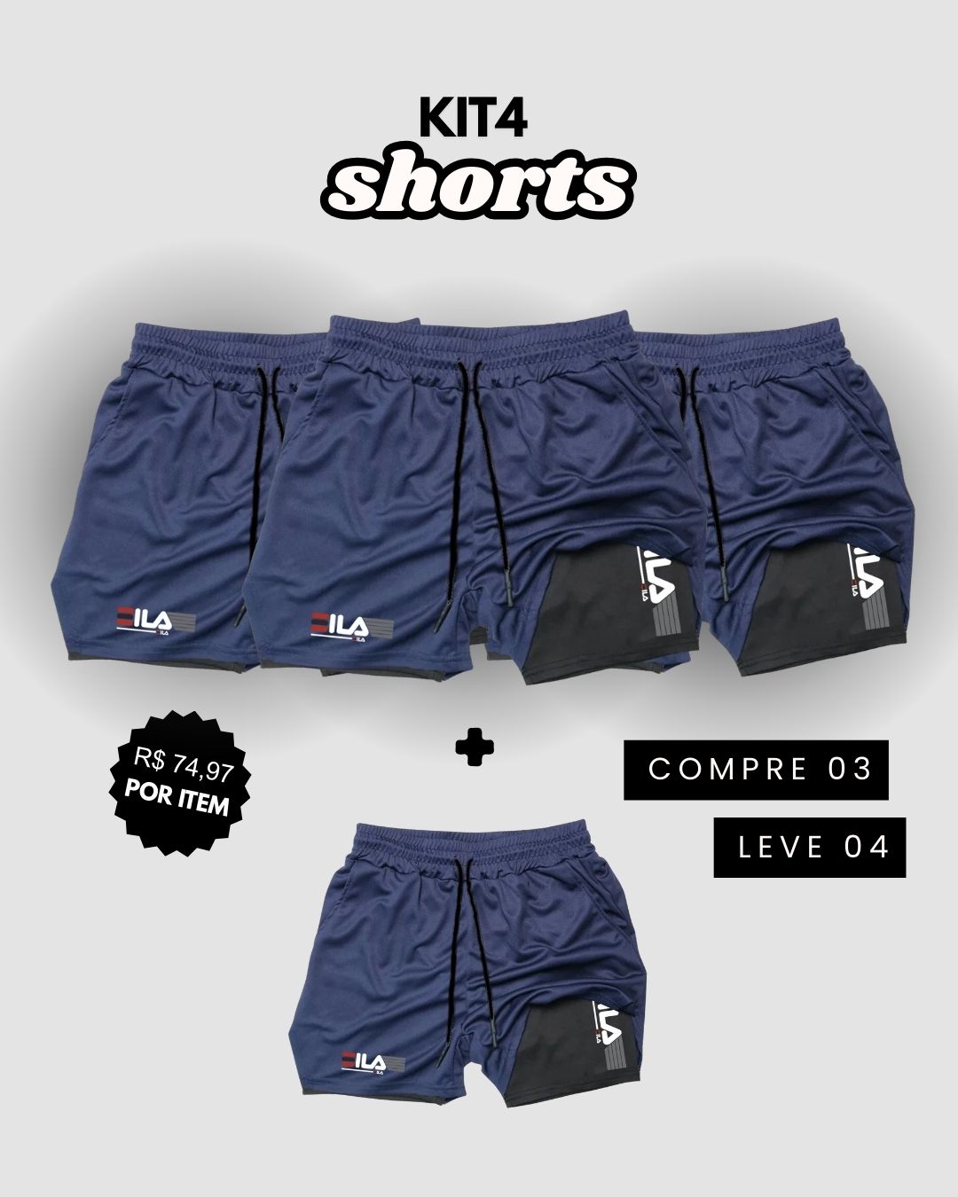 Kit 4 Shorts de Compressão Interna ProFIT FILA [COMPRE 02 LEVE 04]