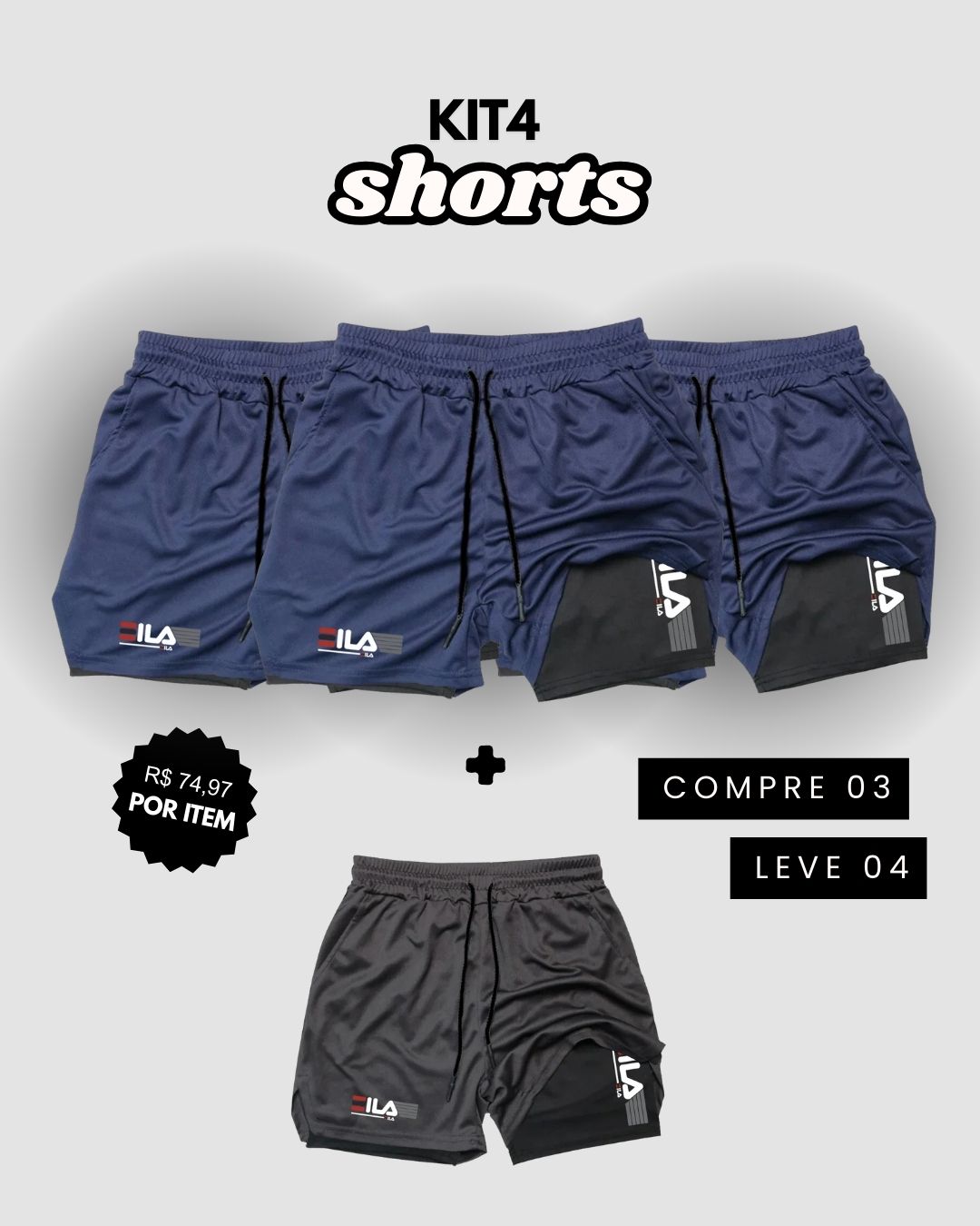 Kit 4 Shorts de Compressão Interna ProFIT FILA [COMPRE 02 LEVE 04]