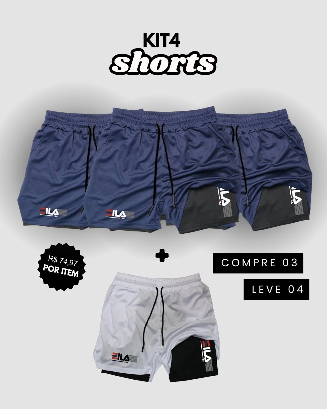 Kit 4 Shorts de Compressão Interna ProFIT FILA [COMPRE 02 LEVE 04]