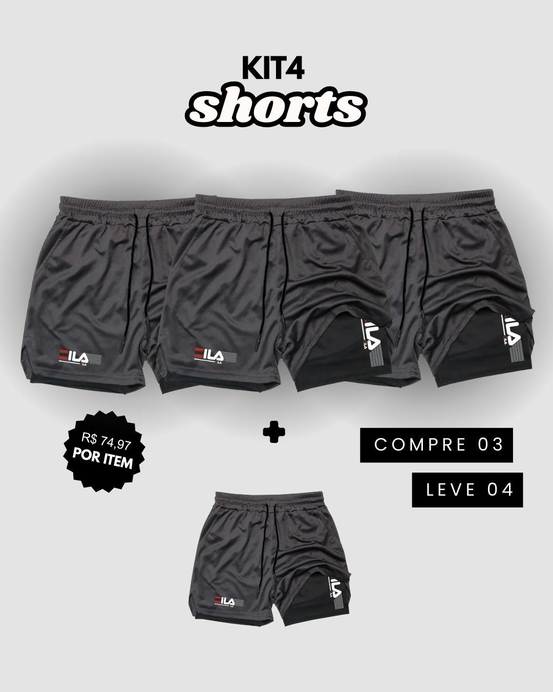 Kit 4 Shorts de Compressão Interna ProFIT FILA [COMPRE 02 LEVE 04]
