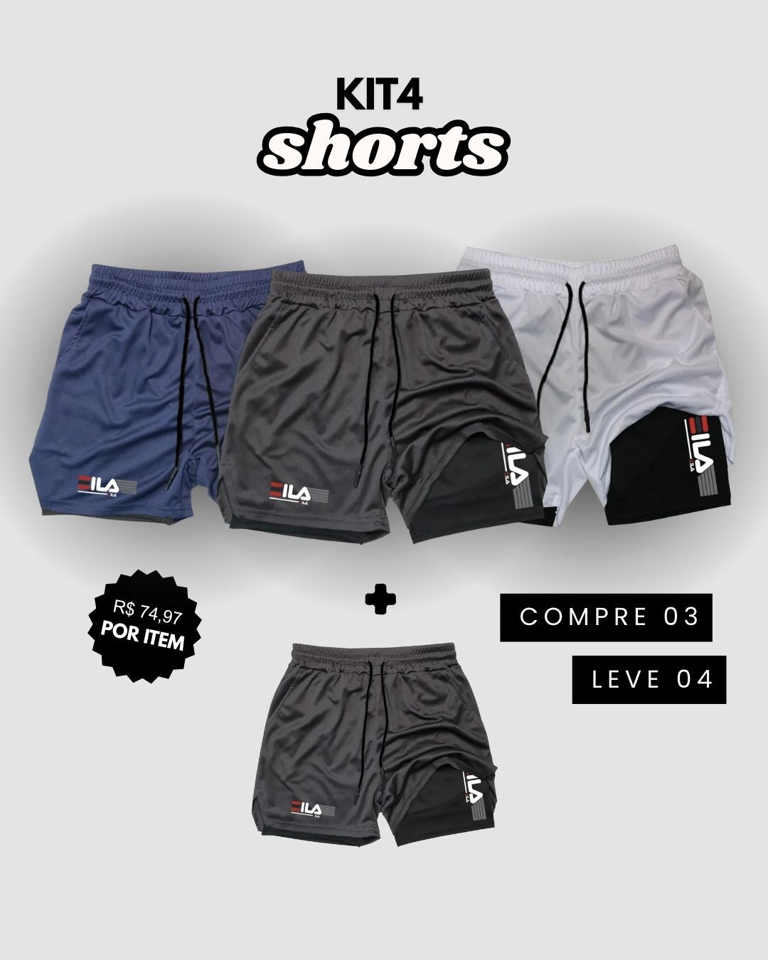 Kit 4 Shorts de Compressão Interna ProFIT FILA [COMPRE 02 LEVE 04]