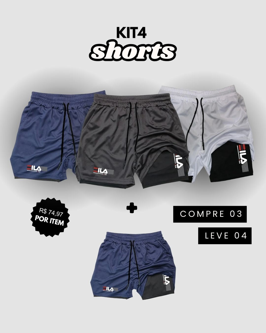 Kit 4 Shorts de Compressão Interna ProFIT FILA [COMPRE 02 LEVE 04]