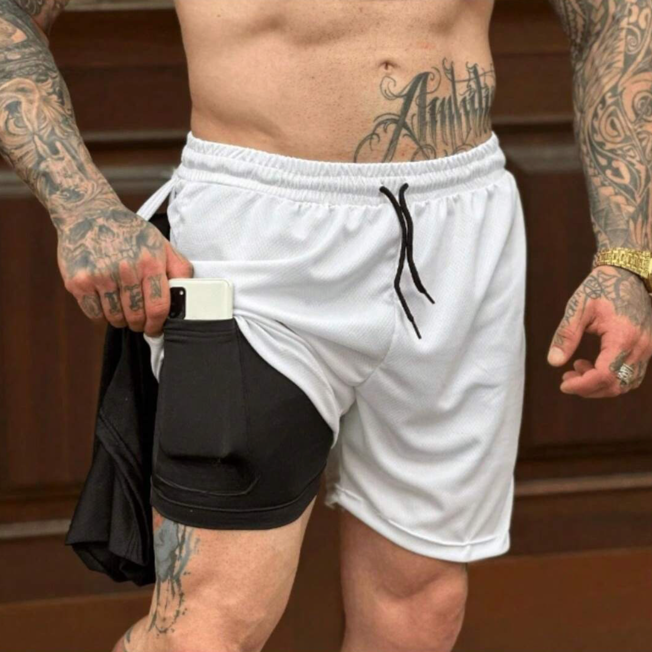 Bermuda com Short de Compressão Interno 2 em 1 Masculino em Promoção Proteção UV - Corrida Esporte Treino Academia Luta
