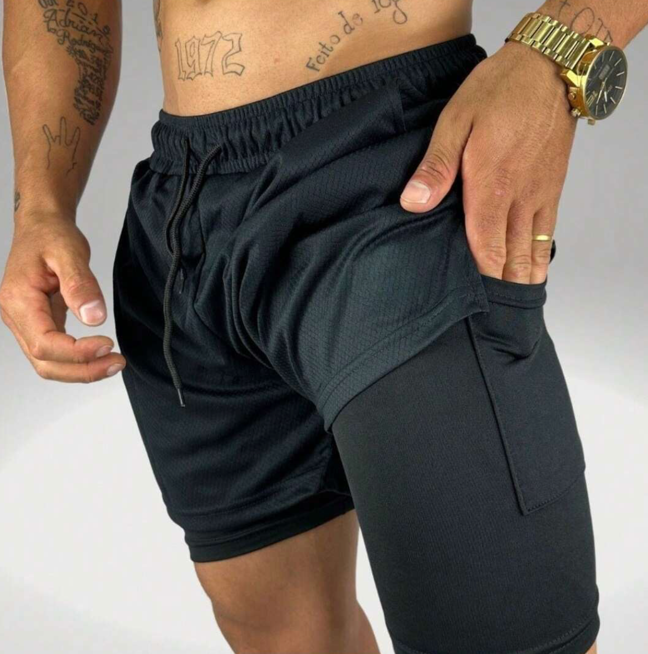 Bermuda com Short de Compressão Interno 2 em 1 Masculino em Promoção Proteção UV - Corrida Esporte Treino Academia Luta