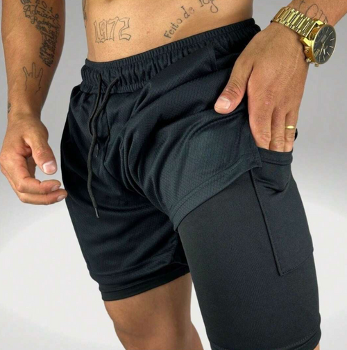 Bermuda com Short de Compressão Interno 2 em 1 Masculino em Promoção Proteção UV - Corrida Esporte Treino Academia Luta