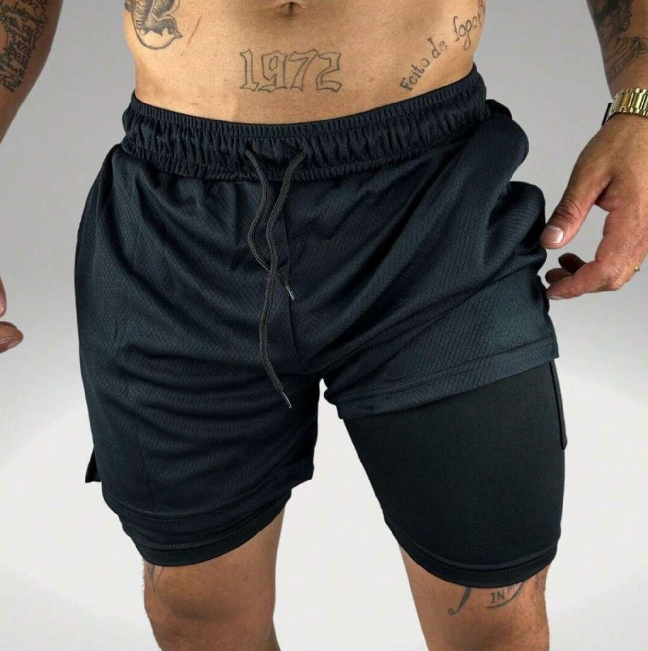 Bermuda com Short de Compressão Interno 2 em 1 Masculino em Promoção Proteção UV - Corrida Esporte Treino Academia Luta