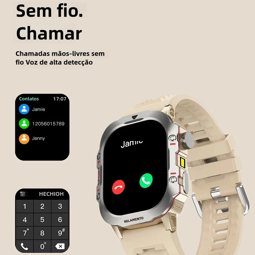 Smartwatch Fitness 2.01” com Lanterna e Monitor de Saúde – Chamadas BT, Resistente à Água