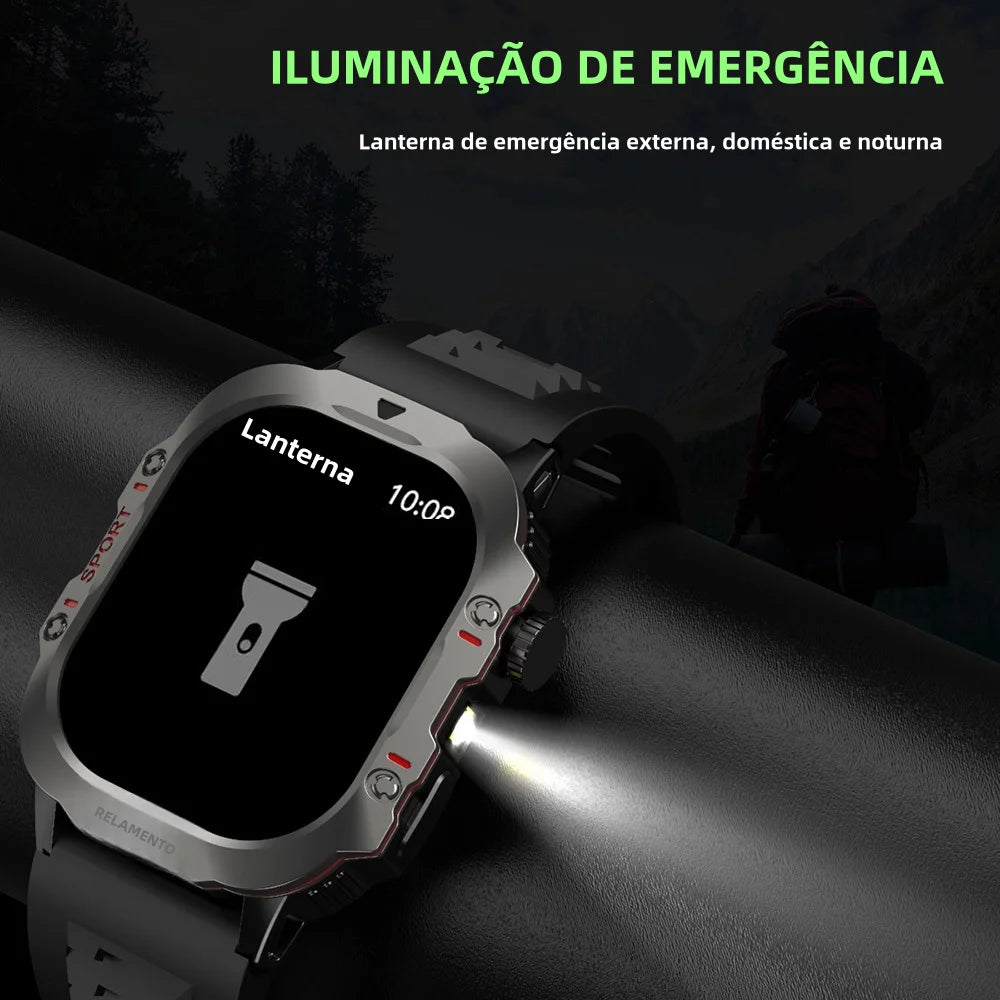 Smartwatch Fitness 2.01” com Lanterna e Monitor de Saúde – Chamadas BT, Resistente à Água
