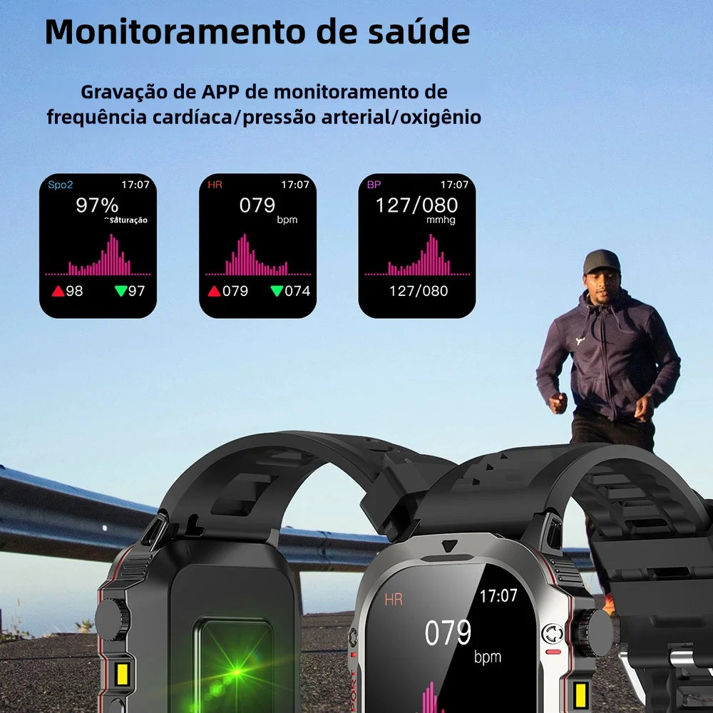Smartwatch Fitness 2.01” com Lanterna e Monitor de Saúde – Chamadas BT, Resistente à Água