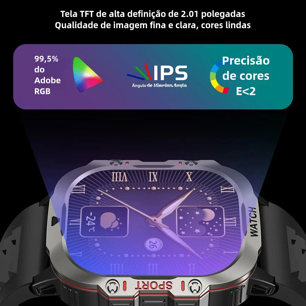 Smartwatch Fitness 2.01” com Lanterna e Monitor de Saúde – Chamadas BT, Resistente à Água