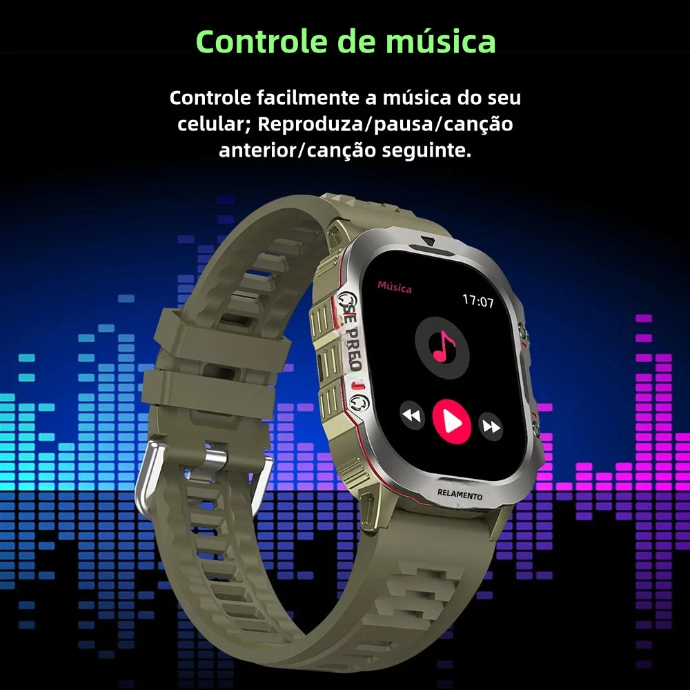 Smartwatch Fitness 2.01” com Lanterna e Monitor de Saúde – Chamadas BT, Resistente à Água