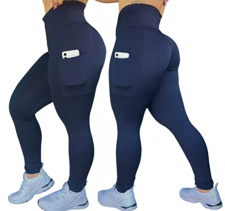 Kit 2 Calças Legging com Bolso e Cós Alto – Suplex Blackout [COMPRE 01 LEVE 02]