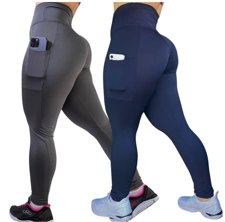 Kit 2 Calças Legging com Bolso e Cós Alto – Suplex Blackout [COMPRE 01 LEVE 02]