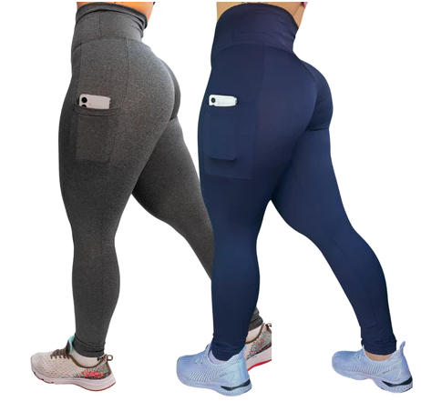 Kit 2 Calças Legging com Bolso e Cós Alto – Suplex Blackout [COMPRE 01 LEVE 02]