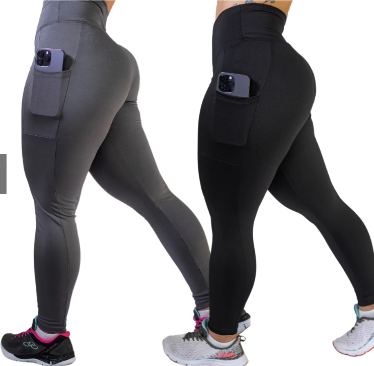 Kit 2 Calças Legging com Bolso e Cós Alto – Suplex Blackout [COMPRE 01 LEVE 02]