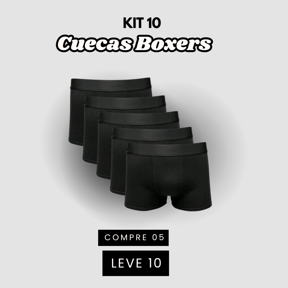 Kit com 10 Cuecas Boxer Adulto Toque Macio Preta Premium [COMPRE 05 LEVE 10]