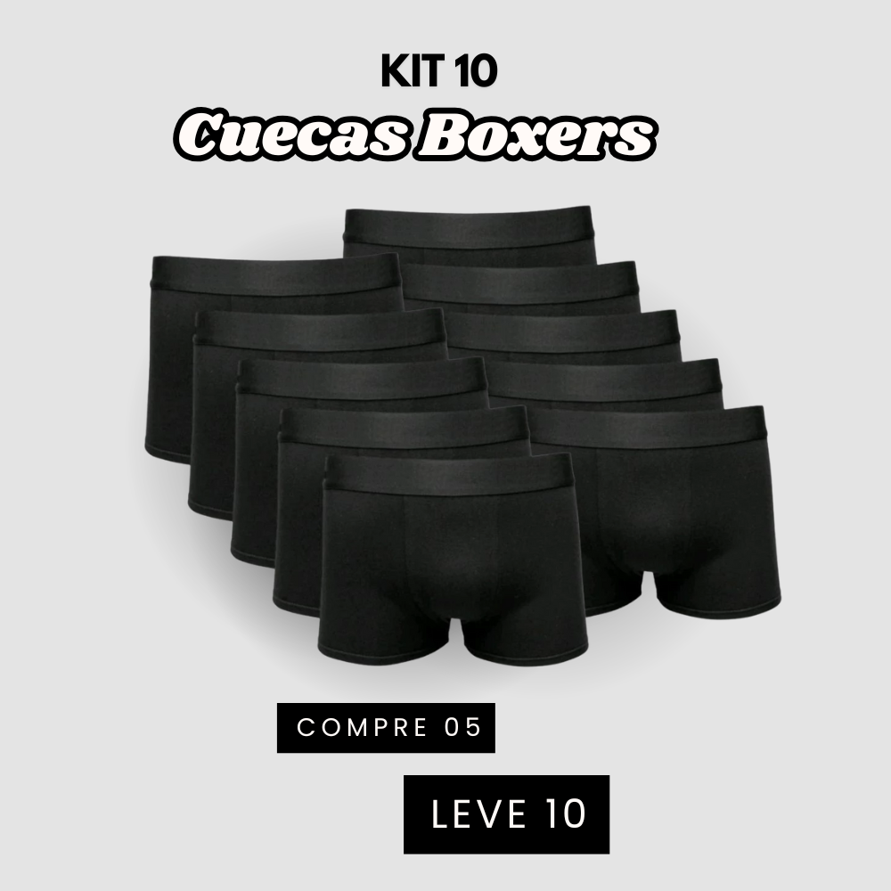Kit com 10 Cuecas Boxer Adulto Toque Macio Preta Premium [COMPRE 05 LEVE 10]