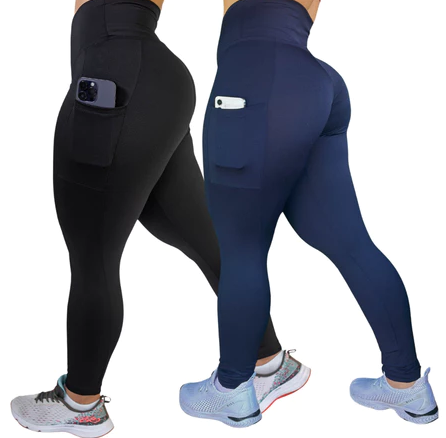 Kit 2 Calças Legging com Bolso e Cós Alto – Suplex Blackout [COMPRE 01 LEVE 02]