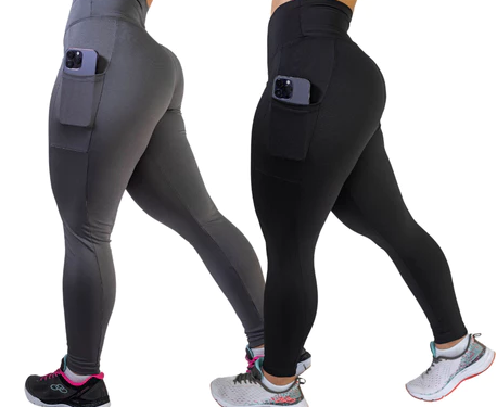 Kit 2 Calças Legging com Bolso e Cós Alto – Suplex Blackout [COMPRE 01 LEVE 02]