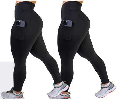 Kit 2 Calças Legging com Bolso e Cós Alto – Suplex Blackout [COMPRE 01 LEVE 02]