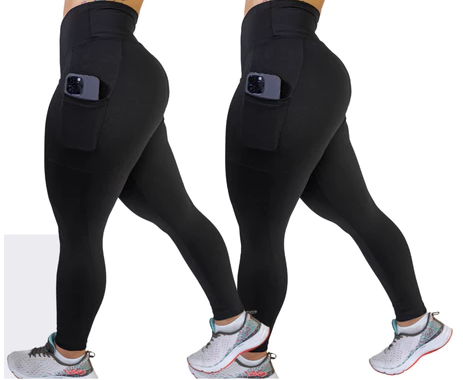 Kit 2 Calças Legging com Bolso e Cós Alto – Suplex Blackout [COMPRE 01 LEVE 02]