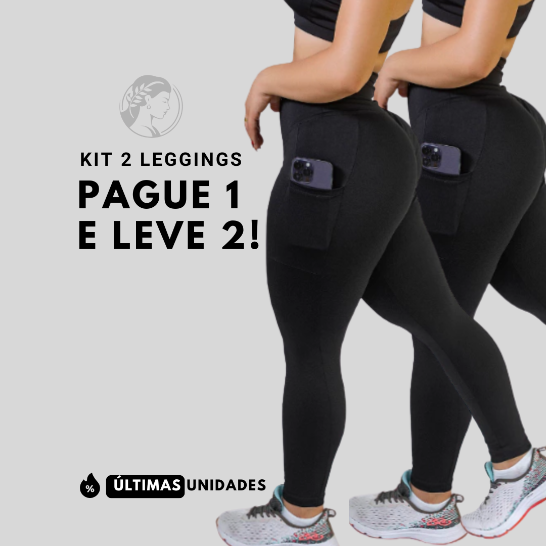 Kit 2 Calças Legging com Bolso e Cós Alto – Suplex Blackout [COMPRE 01 LEVE 02]